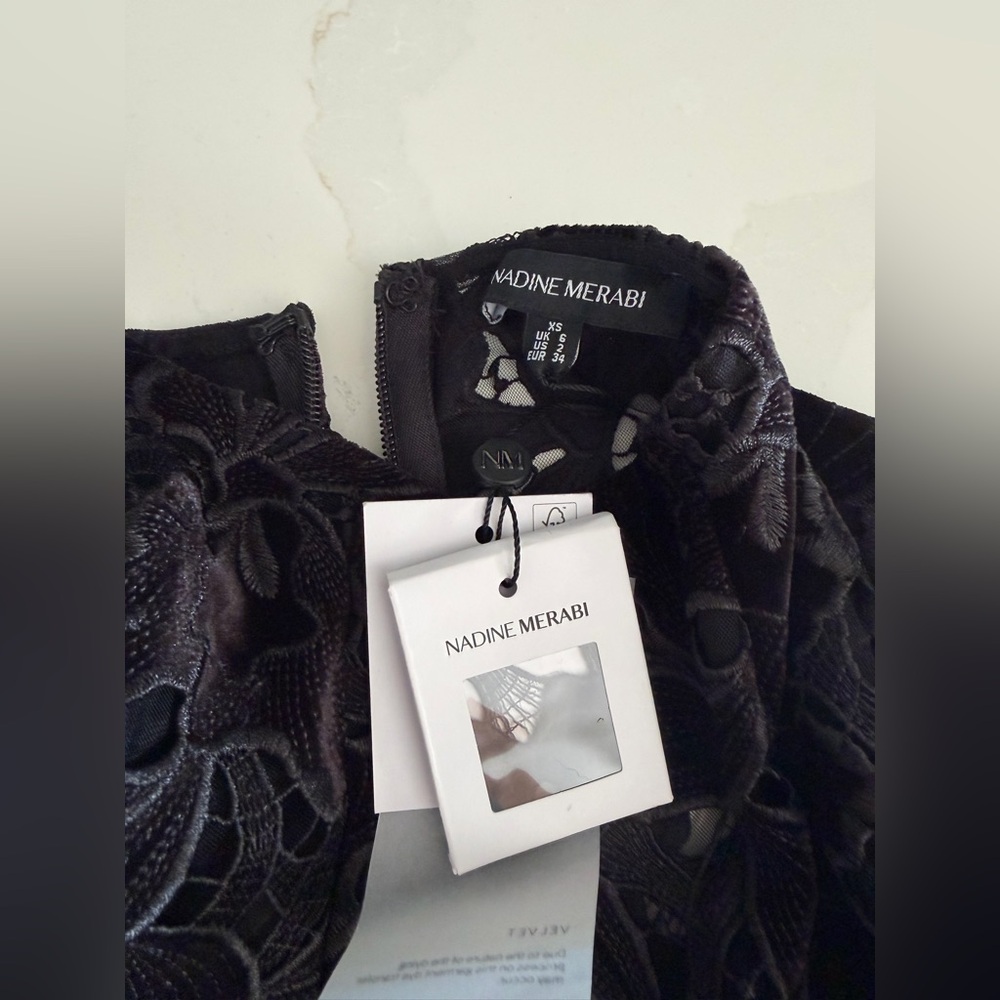NADINE MERABI Diane Black Velvet Embroidered Midi Dress Sz XS (2) MSRP $545 NWT - Picture 9 of 12